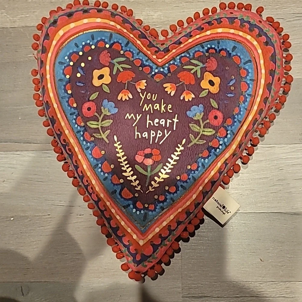Natural Life Heart-Shaped Embroidered Pillow with Colorful Design